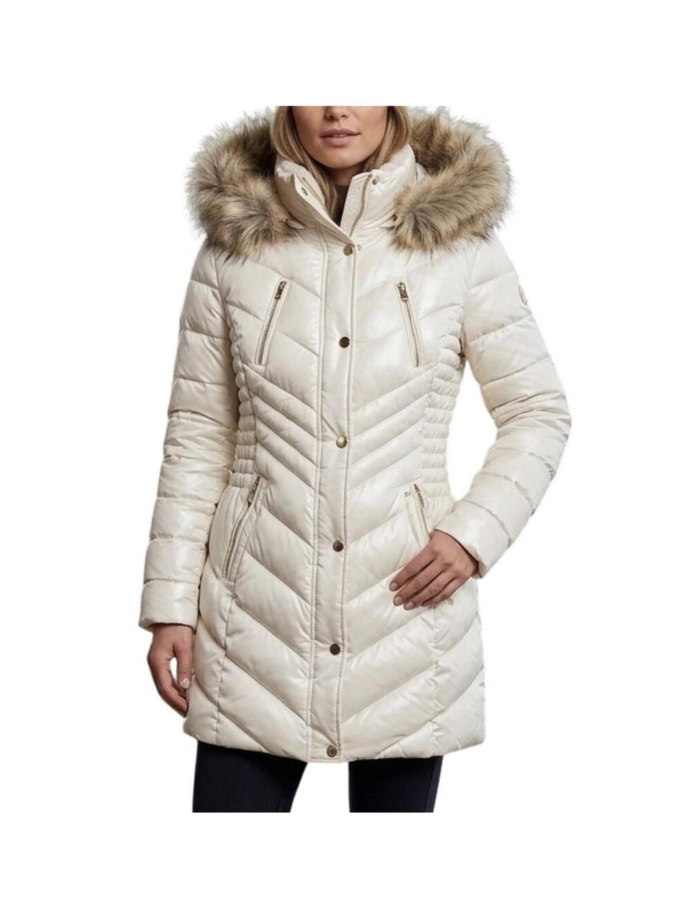 Preston & York Womens White Quilted Puffer Coat Detachable Faux Fur Hood Size XL